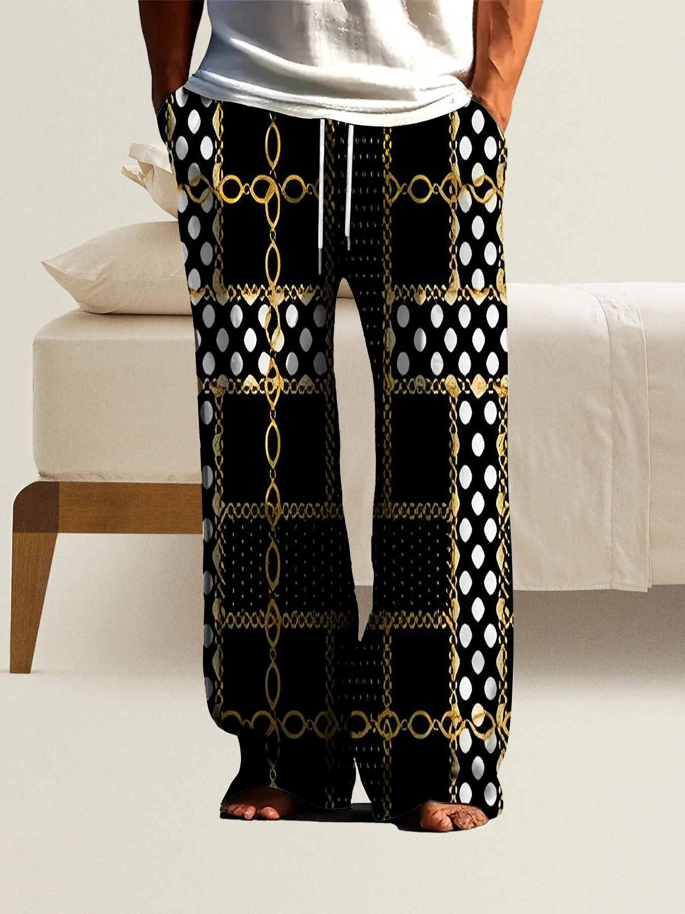 

2026 Men's Printed Straight Leg Pants Vibrant Abstract Design Drawstring Waist Loose Fit Summer Beach Casual Fashion Pants