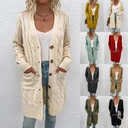 New Womens Knitted Sweater Autumn/Winter 2023 Long Fried Dough Twists Sweater Womens Button Cardigan