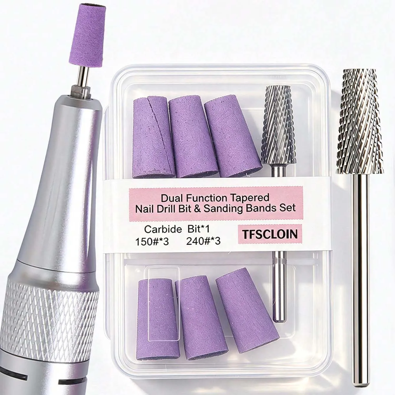 Dual-Function Tapered Purple Nail Drill Bit & Sanding Bands Set, 150 & 240 Grit, Special Sanding Belt For Manicure Polishing