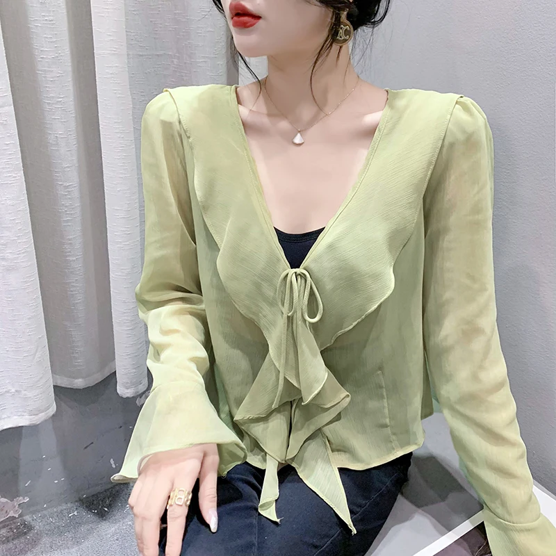 Winsleter Streetwear Clothes Chiffon Blouses Short Sleeve Shirts Ladies Sexy Ruffle V Necks Slim Thin Tops New T36918JM