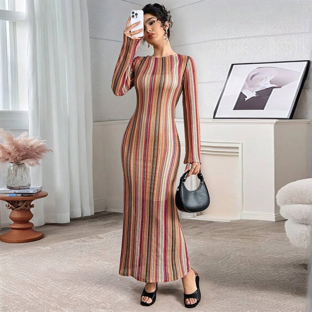 Transgraniczne nowości na jesień 2025, szybki wyprzedaż, popularny, dopasowany, barwiony w paski komplet dwuczęściowy sukienka damska Cw45193