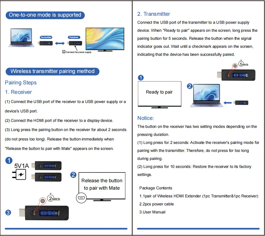 60M Wireless HDMI Transmitter and Receiver 1080P@60Hz, 5GHz Wireless HDMI Extender Adapter for Laptop, PC, Phone to TV/Projector