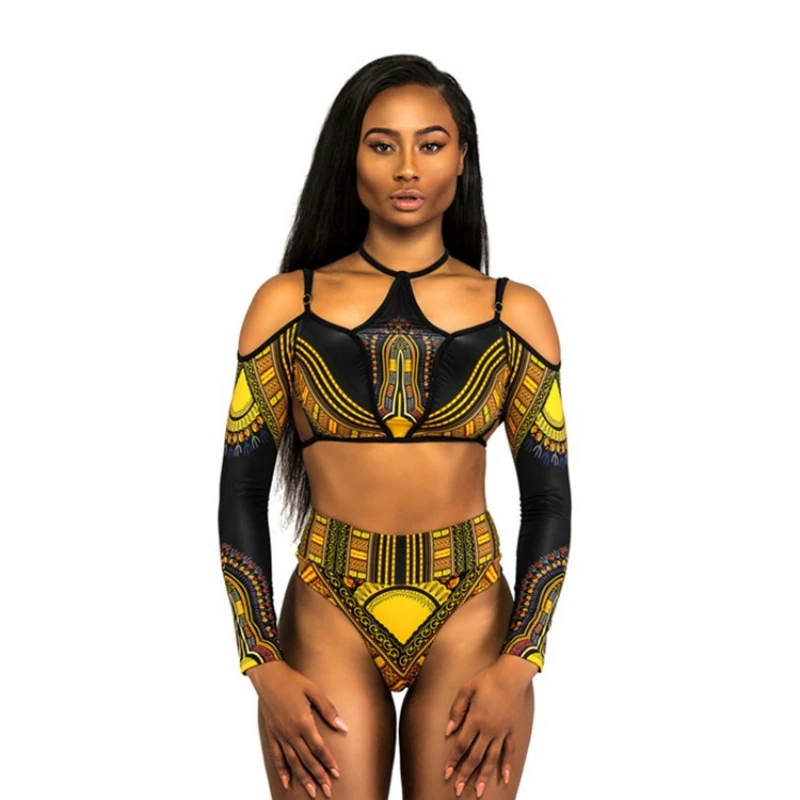 Ethnic Print Women Two Piece Swimsuit Long Sleeve High Waist Sexy Bikini