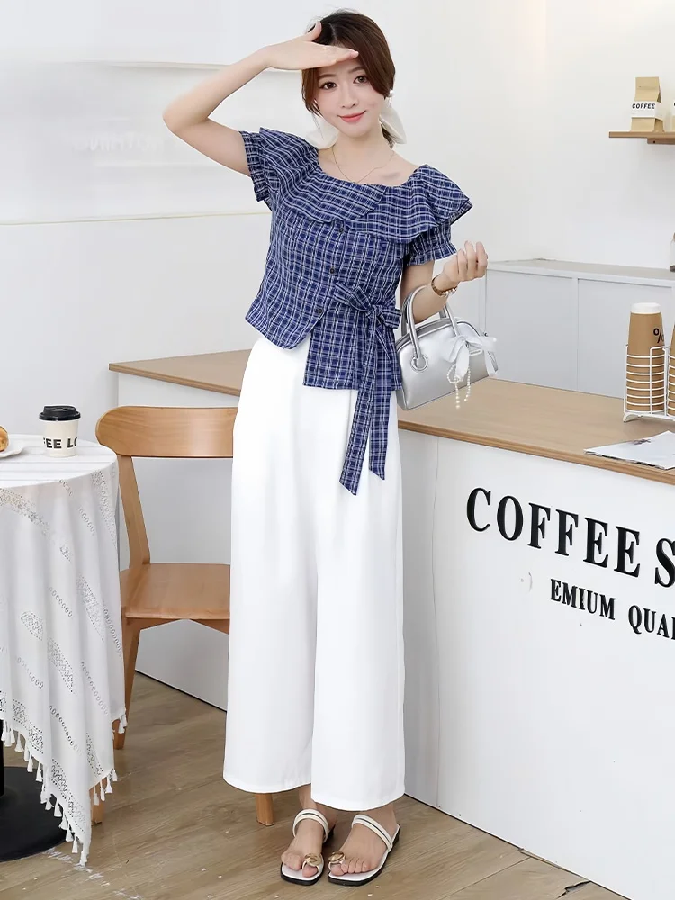 

2026 Summer Hit Plaid Wide Leg Pants Two-Piece Set Women's Faion Korean Sle Button-Up irt Collarl Youthful Outfit
