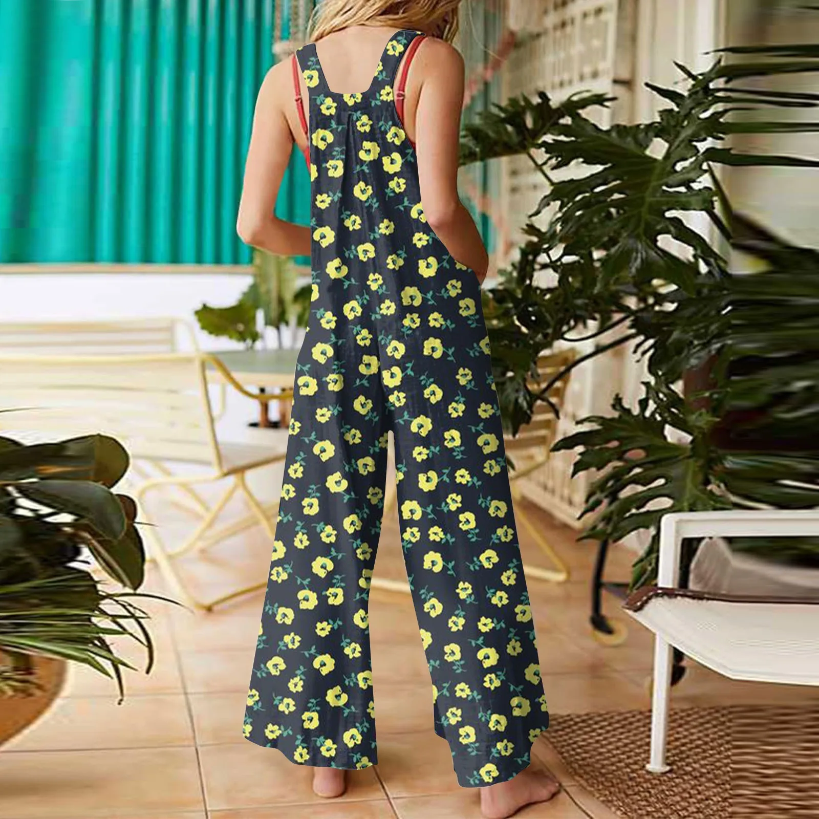 Women Little Daisy Print Jumpsuits Summer Overalls Square Neck Sleeveless Casual Rompers With Pockets For Girls Playsuit