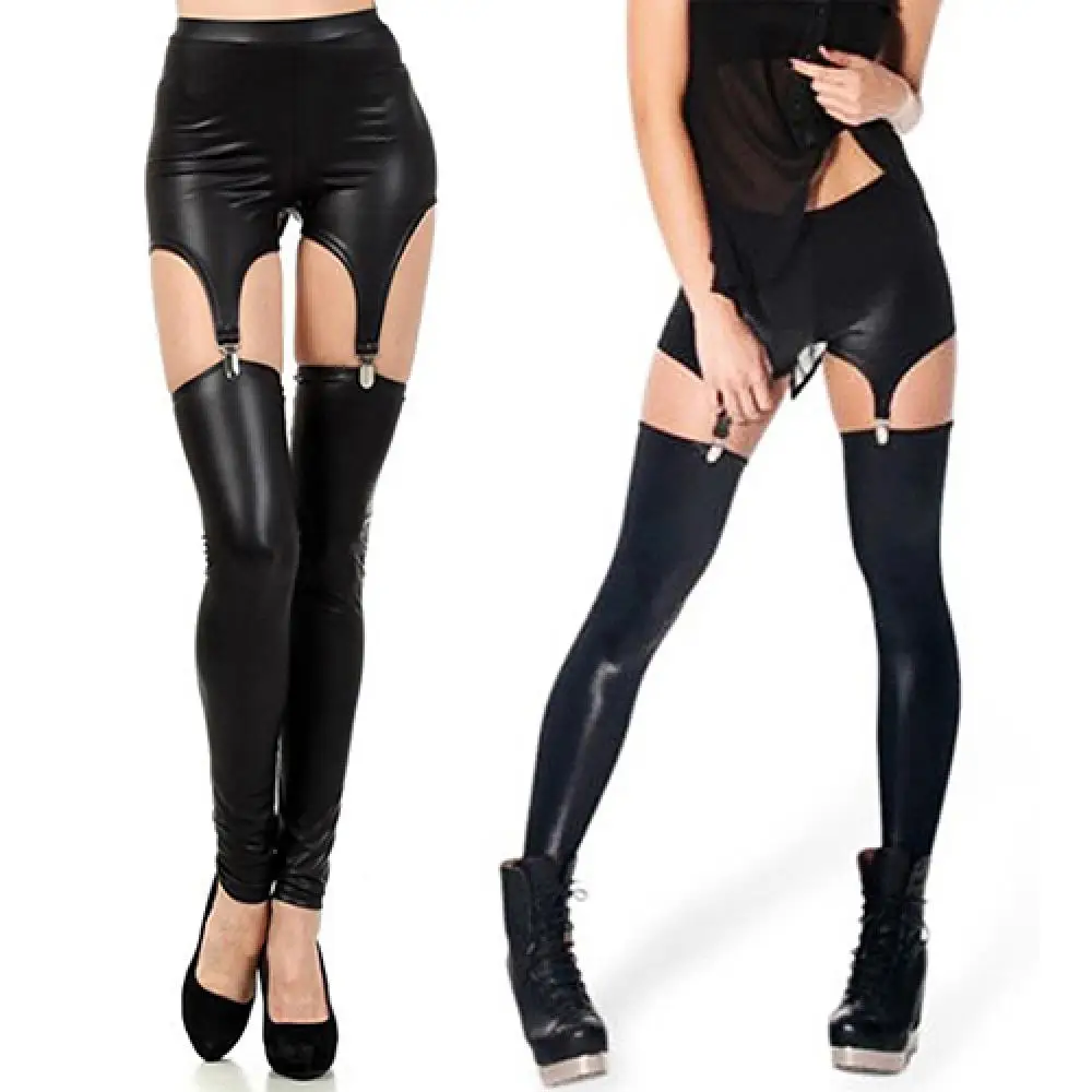 

Fashion Women Faux Leather Tight Suspender Leggings Buckle Waist Garter Pants Overknee Stretchy Stockings Punk Gothic Leggings