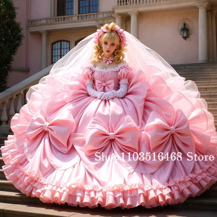 Customized Dreamy Pink Vintage Victorian Wedding Dress Large Bow Off Shoulder Corset Full Skirt Bridal Gown Quinceañera Dresses