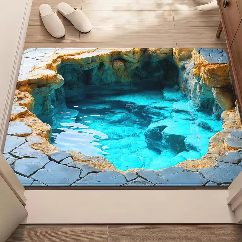 2D Visual Cave Pool Door Mat Realistic Cave Scenery Entrance Rug Soft Non-Slip Home Decor Carpet for Hallway Living Room