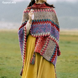 GypsyLady Vintage Boho Cloaks Capes Top Red Women Autumn Winter Floral Knitted Poncho Capes Tassels Chic Cloak Poncho Outwear