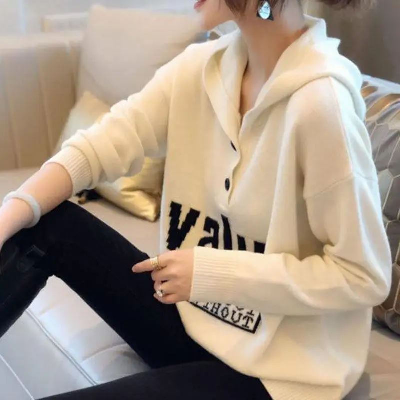 Casual Solid Color Letter Hooded Sweaters Autumn Winter Stylish Button Korean All-match Commute Female Clothing Knitted Jumpers