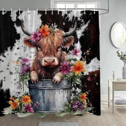 Funny Highland Cow Shower Curtain Watercolour Flowers Plant Cute Farm Animal Fur Pattern Modern Fabric Bathroom Curtains Decor