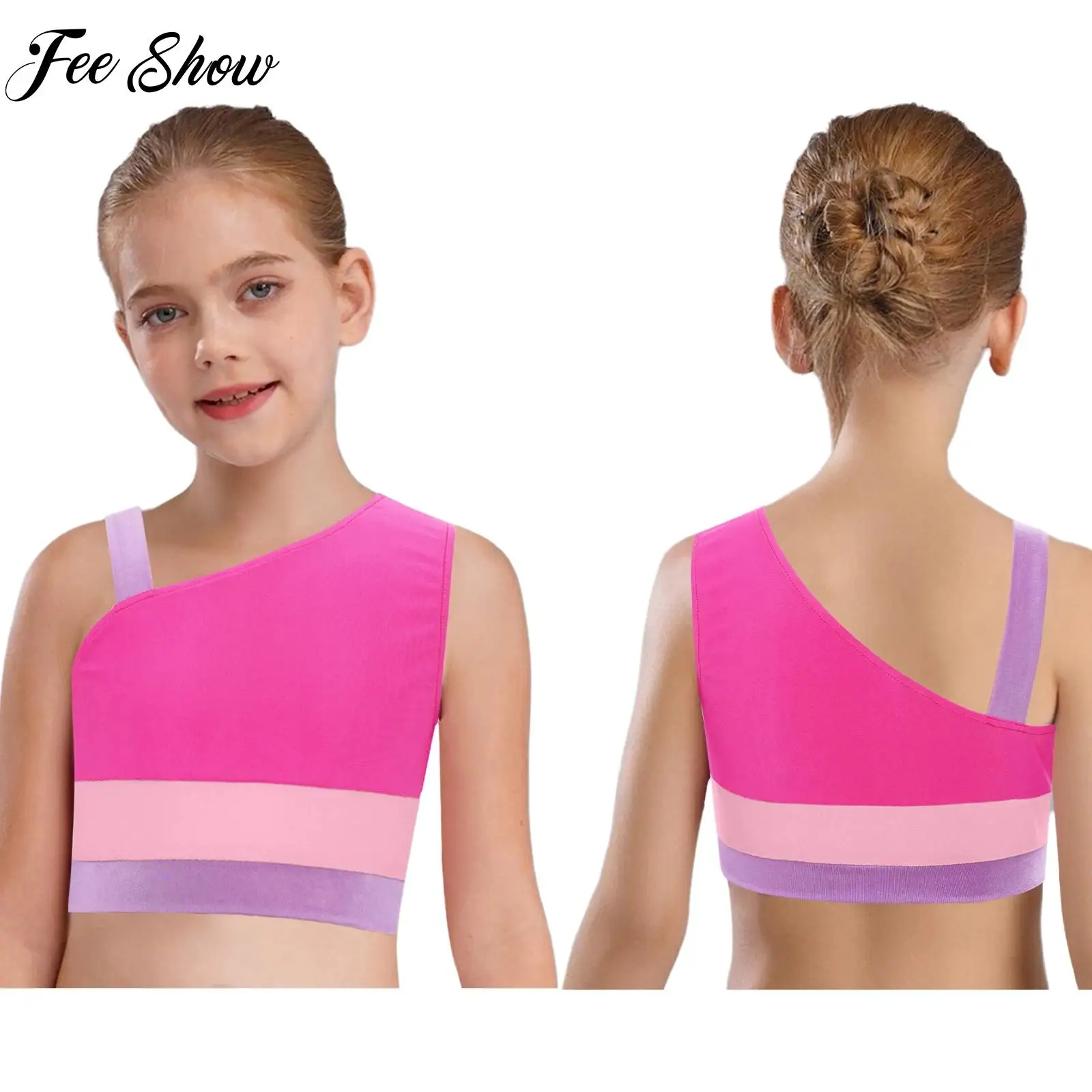 

2025 New Kids Girls Gymnastics Dance Sports Costume Sleeveless Asymmetrical Crop Top for Ballet Figure Skating Performance Party