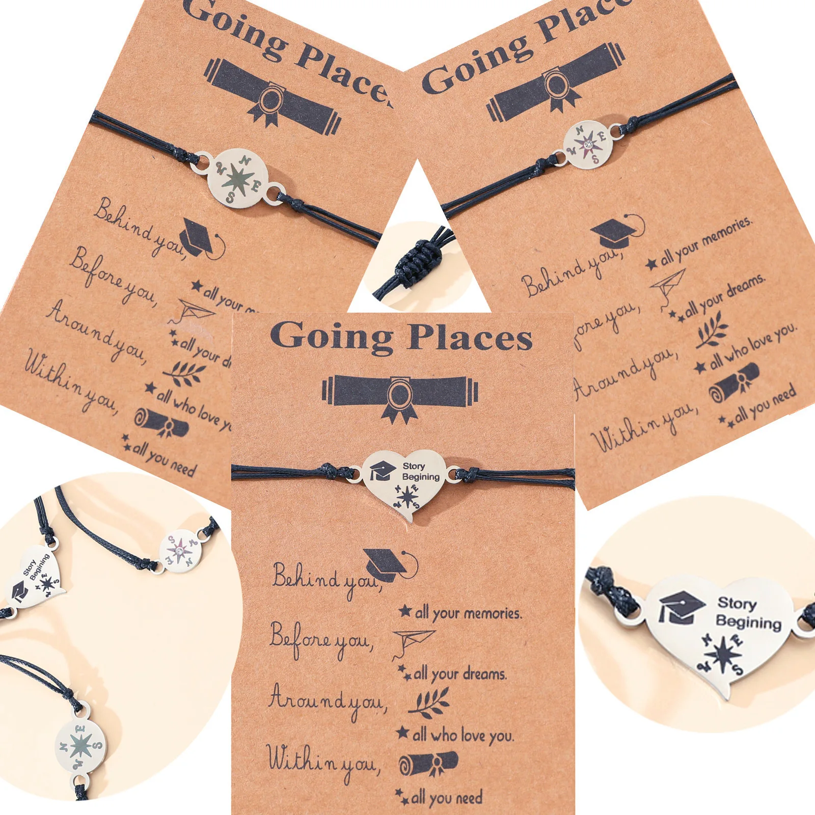 Simple Stainless Steel Heart-shaped Compass Graduation Season Card Woven Bracelet Hip-hop Versatile Jewelry Gift Hot Sale