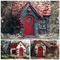 Romantic Valentine‘s Day Backdrop Red Love House Wooden Door Flower Couple Portrait Wedding Party Photography Background Decor
