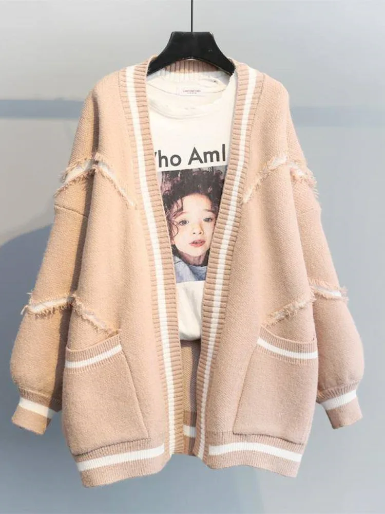 2022 Cardigan Sweater Autumn Winter V-neck Letter Loose Warm Knitted Sweater Korean Big Pocket Hole Stitching Sweaters