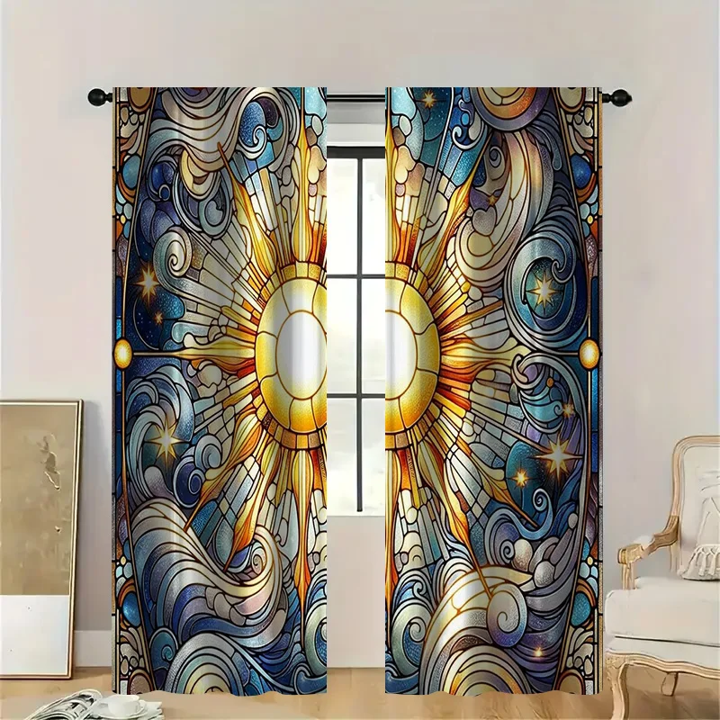 2pcs Stained Glass Sun Curtains with Rod Pocket, Multicolor Rays Sheer Light Filtering, Artistic Window Mural for Living Room