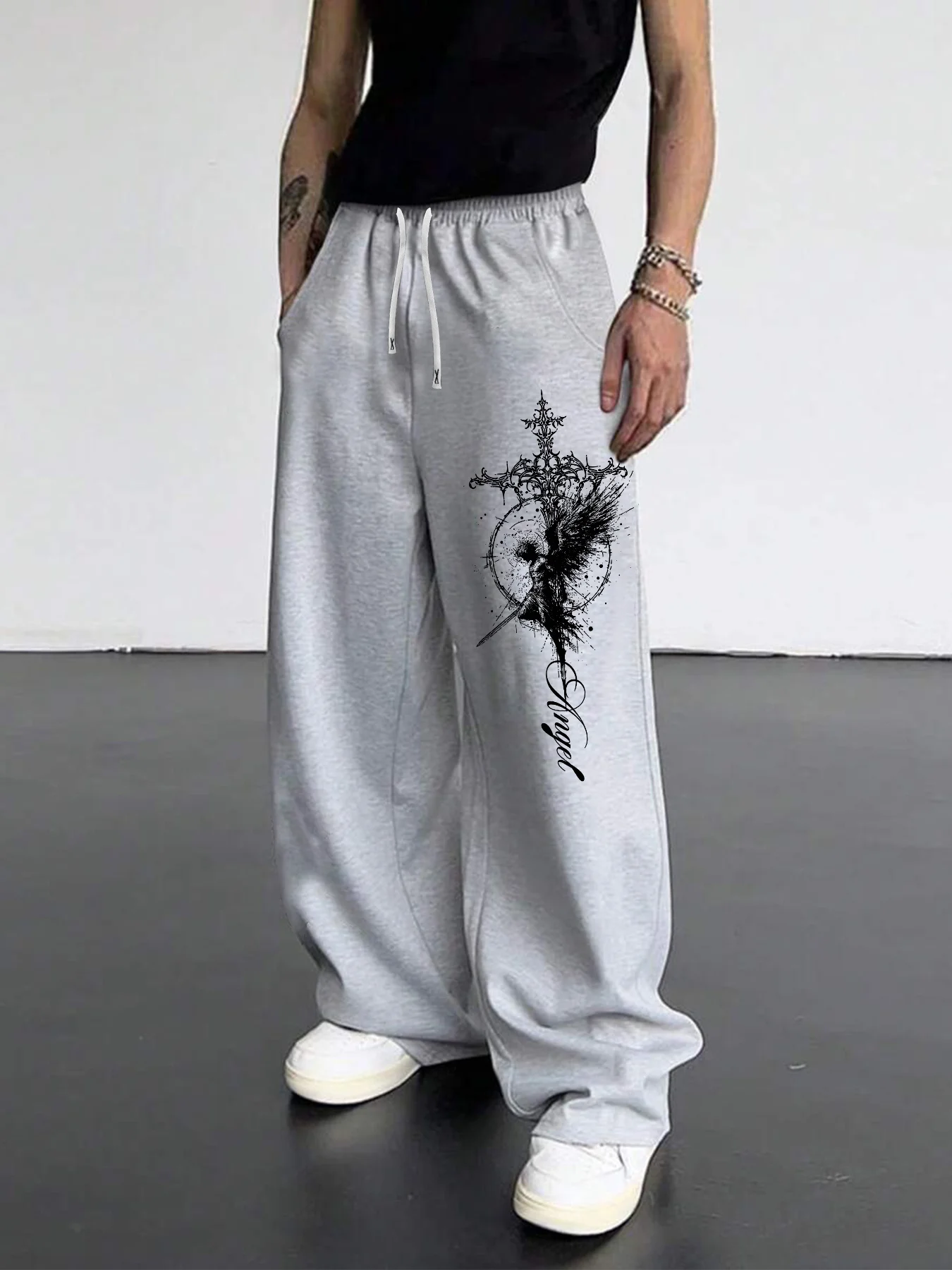 Men's Tattoo Angel Print Straight‑Leg Pants, Campus Autumn Hip Hop Streetwear Casual Sports Joggers Trousers S‑3XL