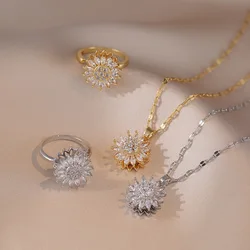 Fashionable and Exquisite Daisy Flower Rotatable Necklace Sunflower Ring Opening Decompression Stainless Steel Jewelry