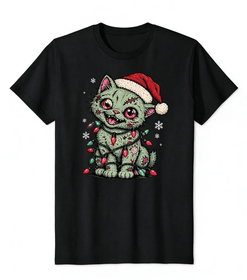 Zombie Cat Christmas Gift Boxes T Shirt Vintage Gothic Santa Hat Kitten Graphic Tee Holiday Spooky Xmas Short Sleeve Y2k Top
