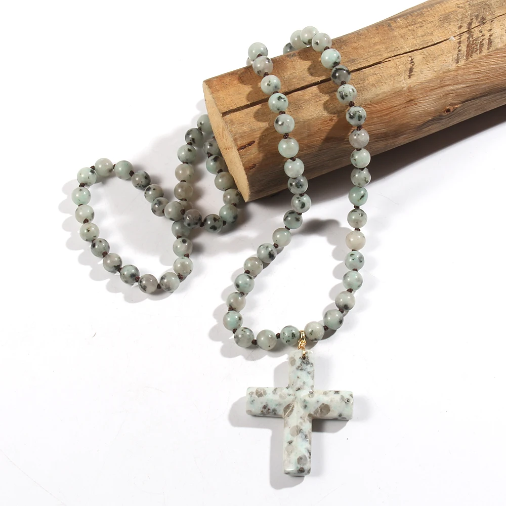 RH New Fashion Bohemian 8mm Kiwi Jasper Green Spot Stone Knotted Necklace Cross Pendant Necklace Sweater Chain