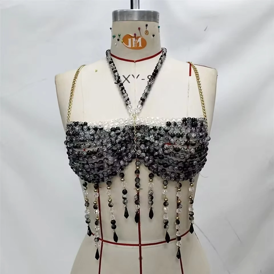 European And American Women's Beaded Vest, Heavy Black Crystal Pendant Style, Hot Girl Beach Vacation Backless Top