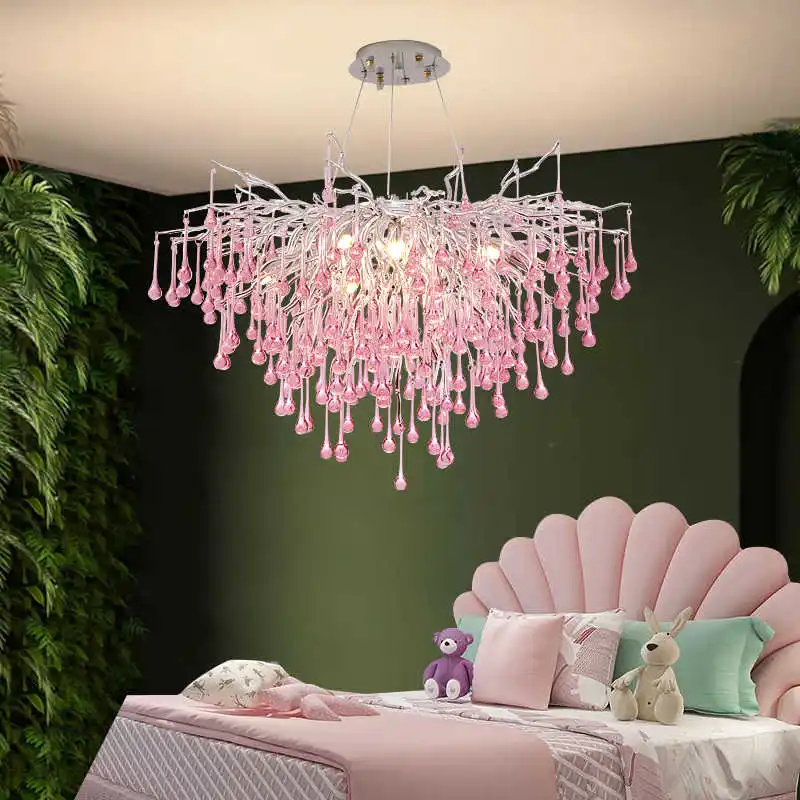 

Pink Drop Crystal Chandelier Lighting Fixtures Girl's Room Ceiling Pendant Lamp For Princess Dressing Room Decor Pendant Lights