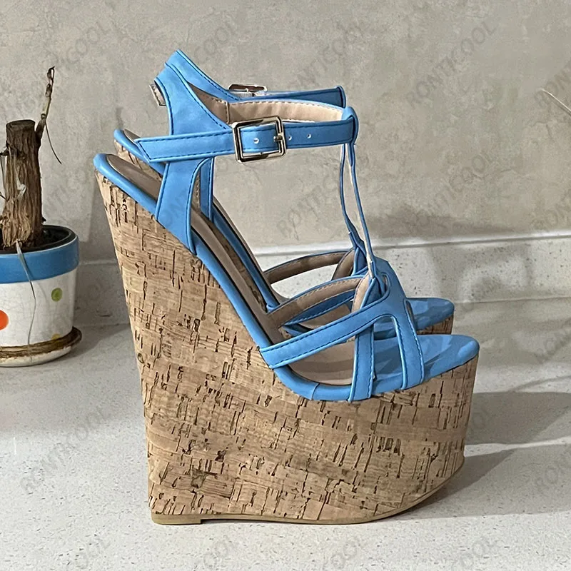 Ronticool Handmade Women T-strap Sandals Ultra High Wedges Heels Round Toe Classics Black Dress Shoes Ladies US Plus Size 5-15