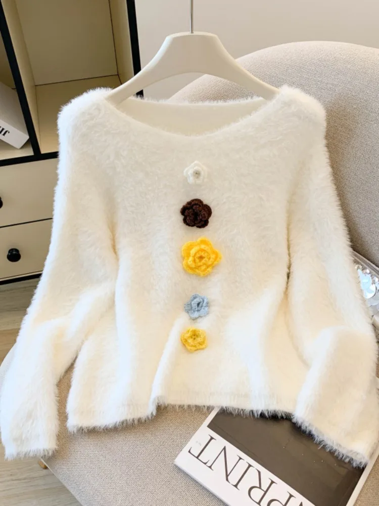 

Soft Gentle Faux Mink Sweater Women's Autumn Winter Korean Sle Loose Beautiful Inner Wear Knitted irt V Ne Long Sve