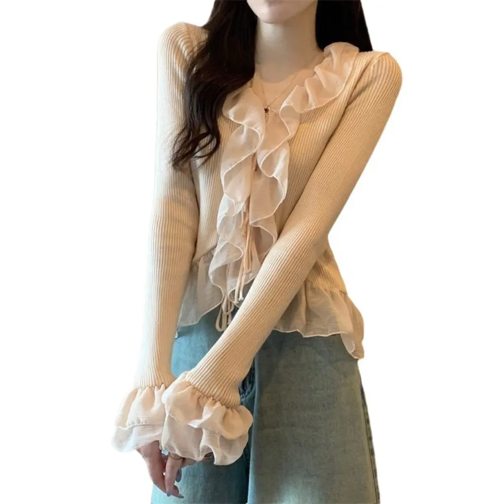 

Women's Sweet And Spicy V Neck Lace Knitted Cardigan Long-Sleeved Ruffled Top New Autumn Design