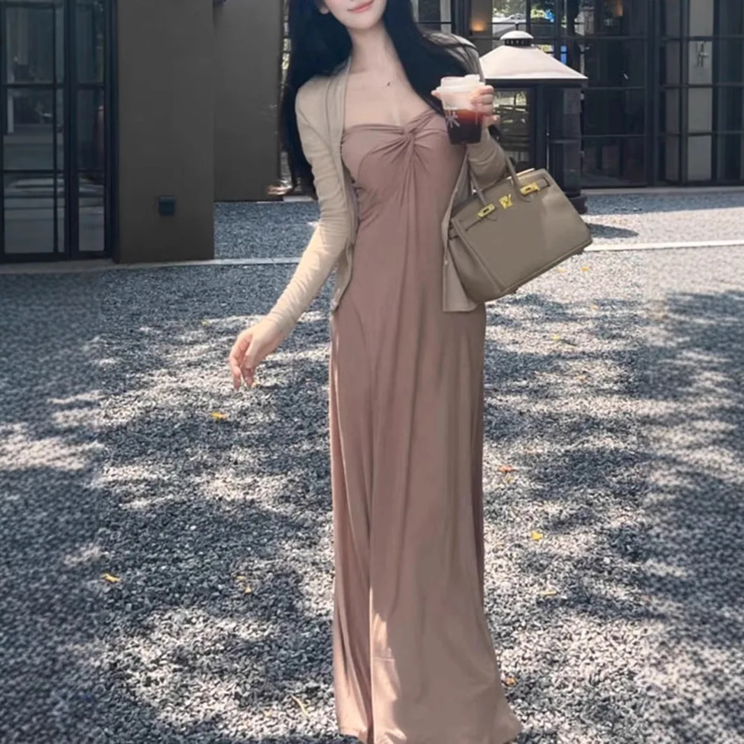 

2026 New Early Fall Women 2Pcs Outfit Gentle Aesthetic Slim Bandeau Dress Long Sleeve Cardigan Sweet Fitted Skirt Matching Set
