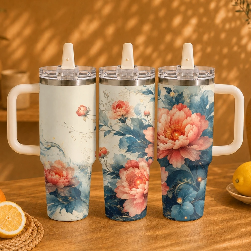 Bohemian floral art Vacuum Flasks 40oz Vacuum Insulated Travel Mug - Stainless Steel Straw Cup Lid