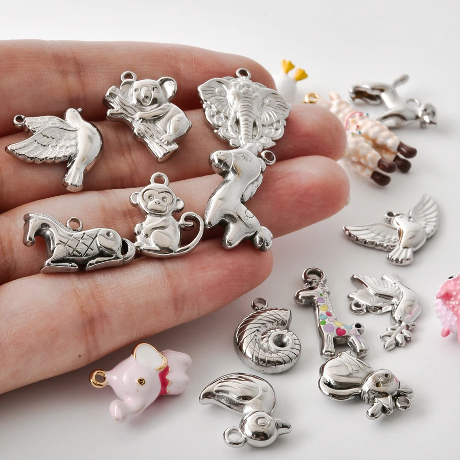 6pcs Cute Koala Yellow Duck Cat Animal Stainless Steel Pendant 3D Simulate Exquisite Enamel Elephant Pigeon DIY Fashion Pendants view 2