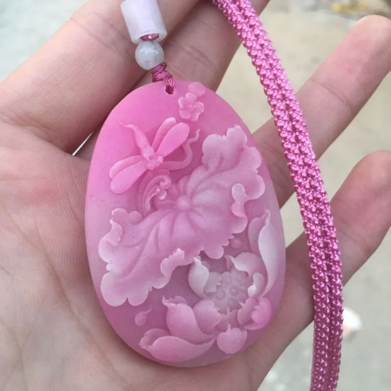 Natural Peach Blossom Jade Opal Stone Ink Powder Super Immortal Lotus Palace Style Sweater Chain Hanger