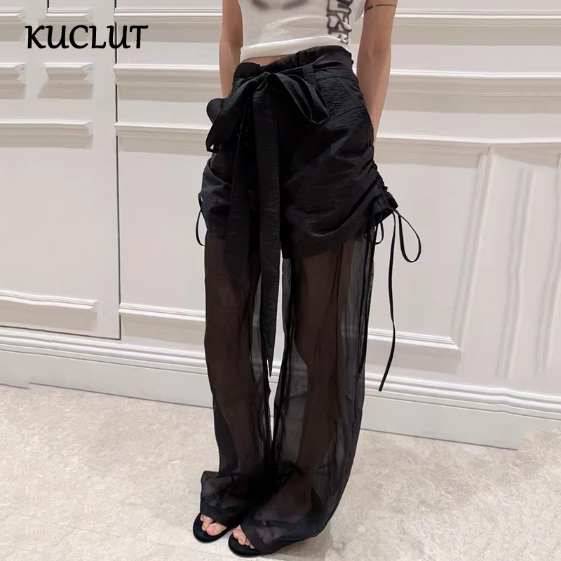 

KUCLUT 2025 New Fashion Mesh Patchwork Casual Pants For Women High Waist Black Side Drawstring Design Trousers Female 1A234
