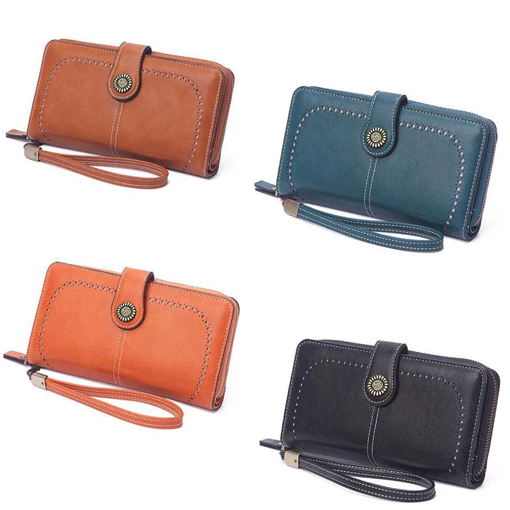 

wax leather long walle multiple cards women's retro Money Bag comes with a wristband ID Credit Bank Card Holder mobile phone bag