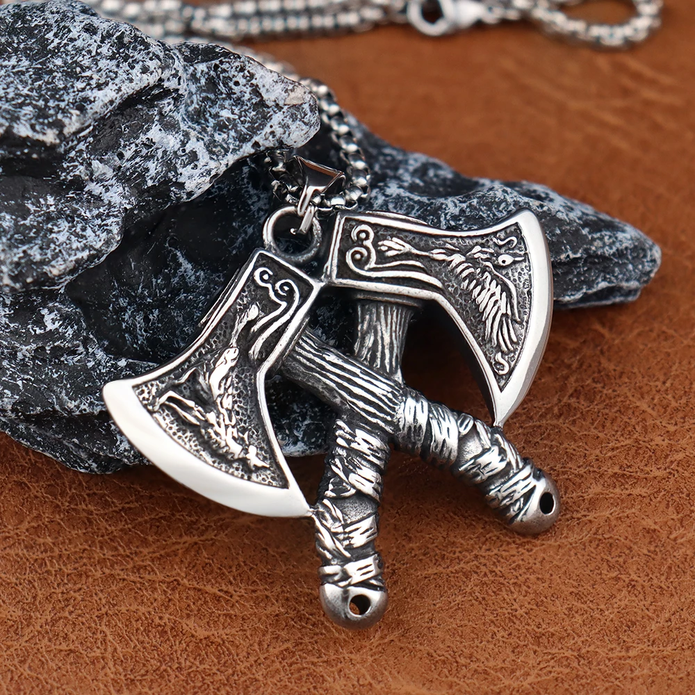 Classic Viking Double Axe Pendant Chain Mens Vintage Stainless Steel Nordic Wolf and Eagle Necklace Amulet Scandinavian Jewelry