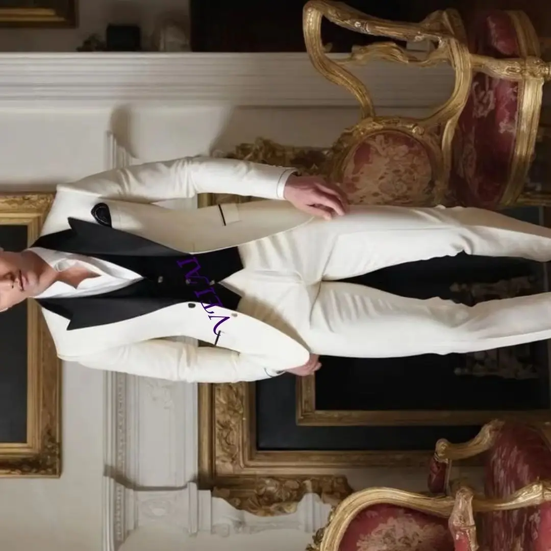 

Customized White Black 3 Piece Male Tuxedos Set Blazer V Neck Formal Business Occasion Groom Groomsman Wedding Party Prom Suit