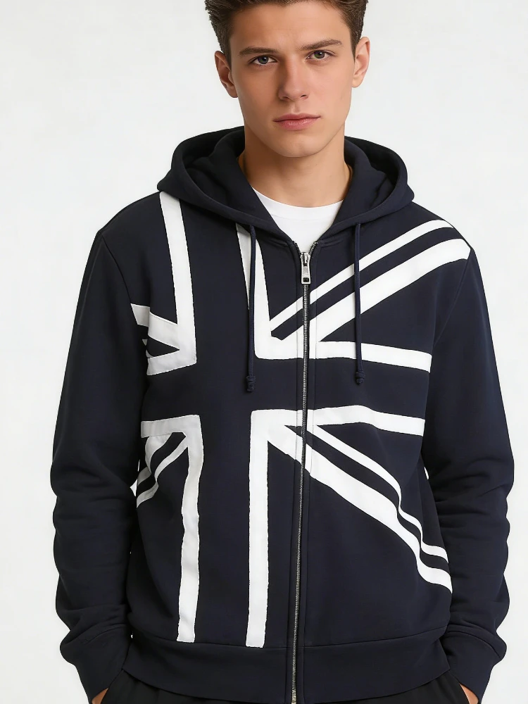Herren- und Damen-Hoodie im Punk-Stil mit schwarzem Union-Jack-Aufdruck und Reißverschluss 2026