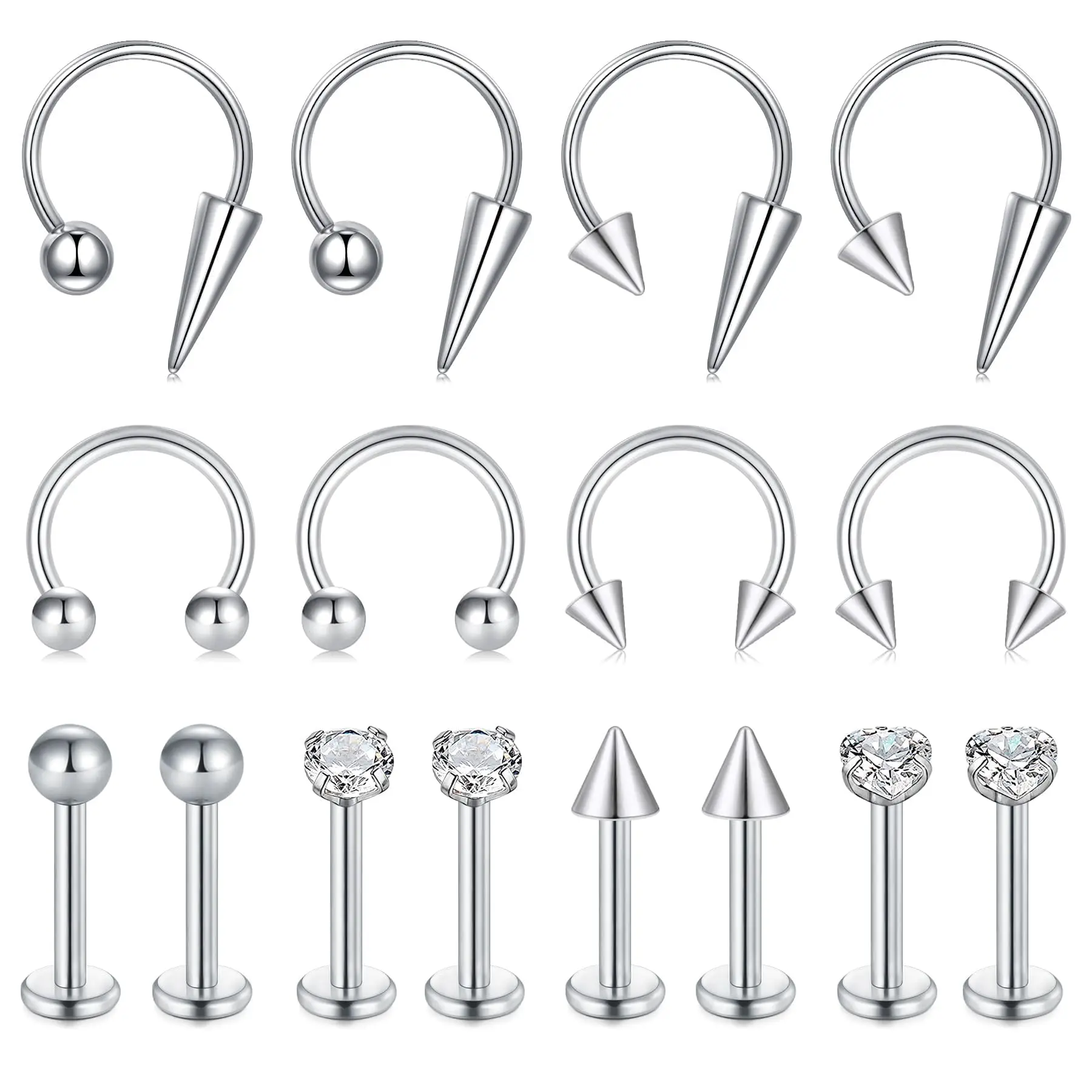 16pcs 16G Lip Rings Nose Horseshoe Labret Jewelry Lip Barbell Ring Spike Snake Bite Piercing Jewelry Tragus Helix Earrings Studs