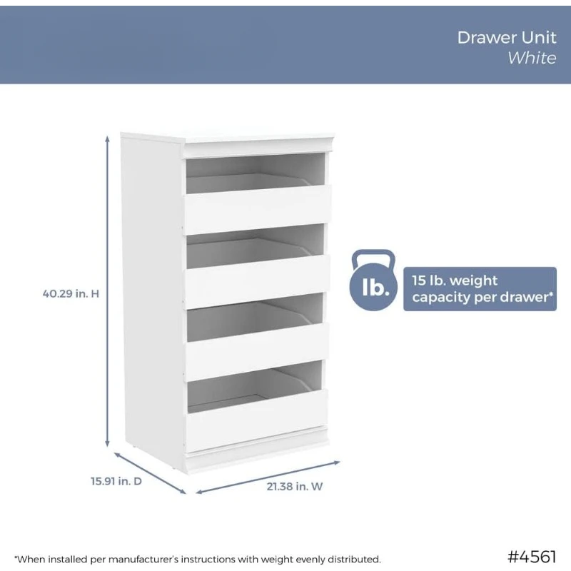 Modular Storage Unit with 4 Drawers, Wood Closet Organizer, Stacking, Full Backer, Storage, Decorative Trim, White，home.