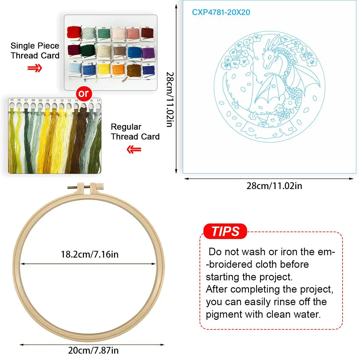 1 Stück 20X20CM/15X15CM 7,87/6,3 Zoll Das Rosa Drachen-Stickerei-Starter-Kit DIY-Kit DIY-Stickerei-Set Handarbeiten Nadelkunst – Detail 5