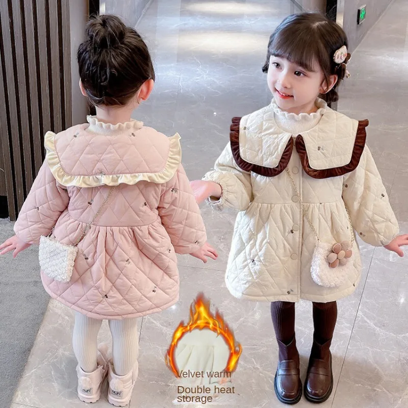 2-8 Yrs Old Girl Fall Winter Coat Cute Pattern Fleece-Lined Thickened Silk Embroidery Cherry Coat  Winter Clothes for Girls