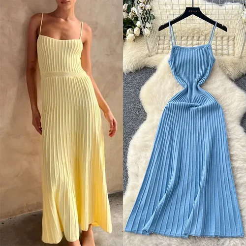 Imagen 1 del producto Vestido largo plisado de punto, vestido Midi de cintura alta con tirantes, vestido amarillo elegante sin mangas, ropa de calle para mujer, vestido ceñido negro