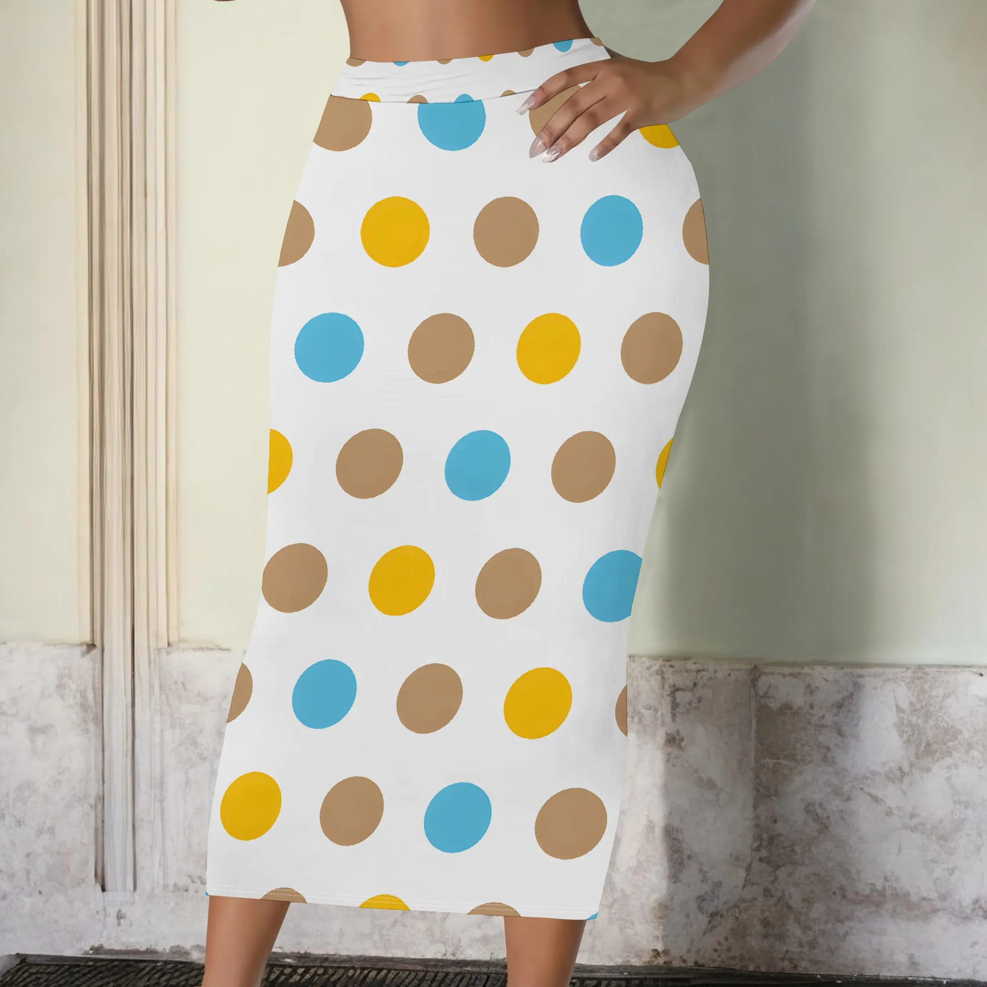 Polka Dot Pencil Skirt, Colorful Dots Midi Skirt, White Base Bodycon Skirt, Elastic Waist Office Wear, S-2XL