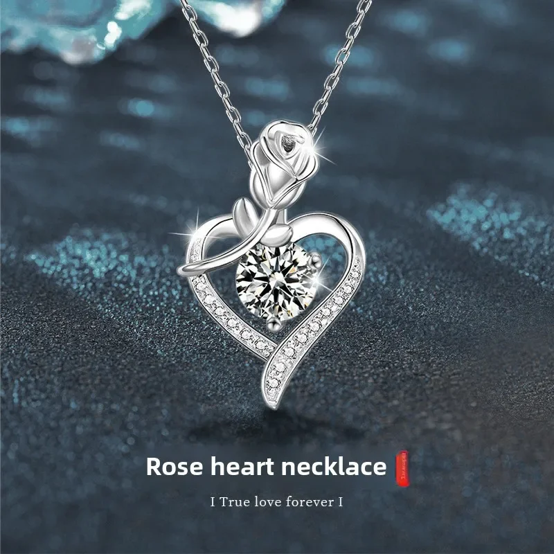 Light luxury 925 sterling silver moissanite rose heart necklace for women, anniversary valentine's day gift