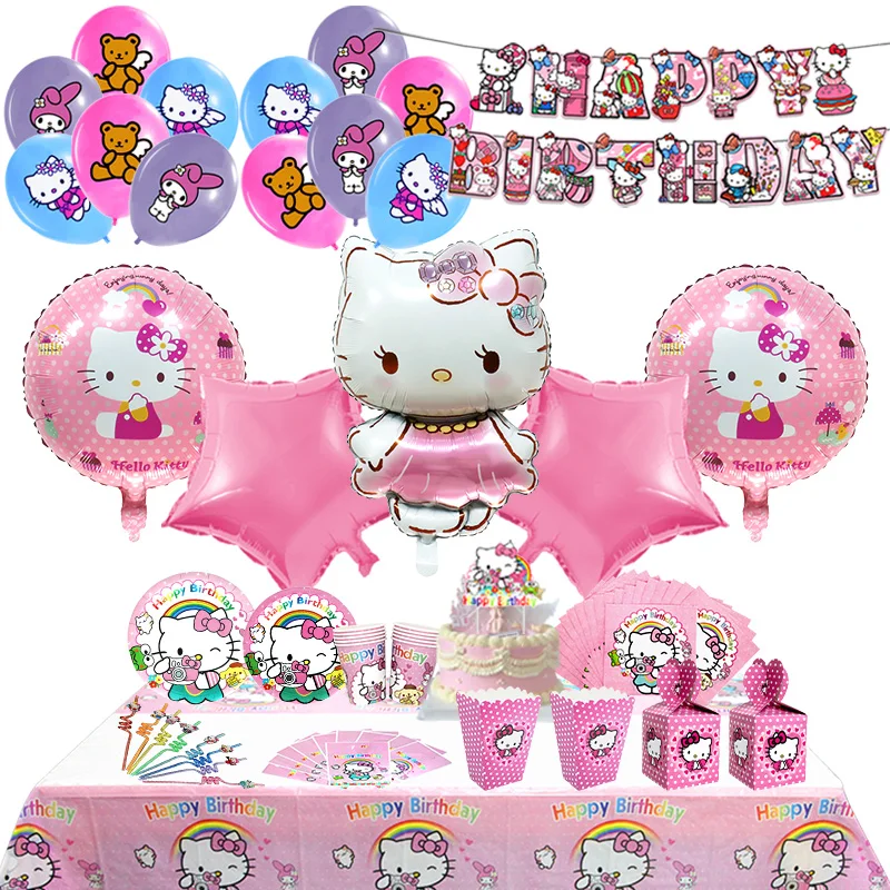 Hello Kitty Birthday Party Decoration Backdrop Banner For Kids Aluminum Foil Latex Balloon Disposable Tableware Gift