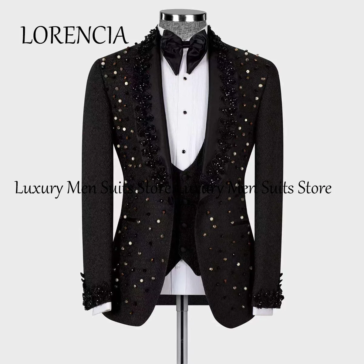 Customized Pearls Beaded Crystals Men Suits Black Formal Groom Wedding Tuxedos 3 Pieces Sets Male Prom Blazer Slim Fit Party