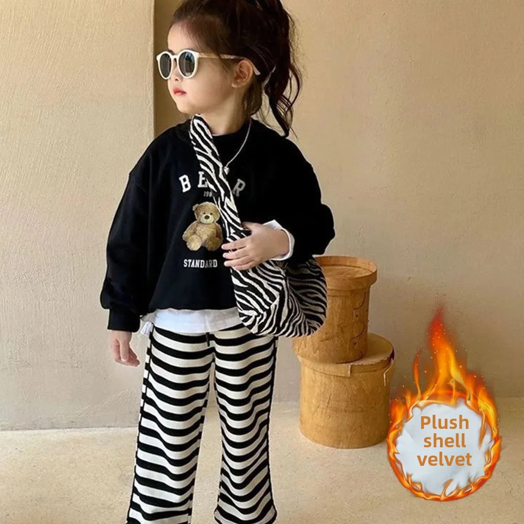 Kids' Autumn/Winter Fleece-Lined Sweatshirt And Pants 2-Piece Set Trendy Cartoon Long Sleeve T-Shirt Straight-Leg Pants For Midd