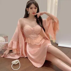 Female Twinset Robe Set Women Lace Kimono Sleepwear Nightgown Lingerie Summer Satin Nightwear Bathrobe Gown Suit Loungewear