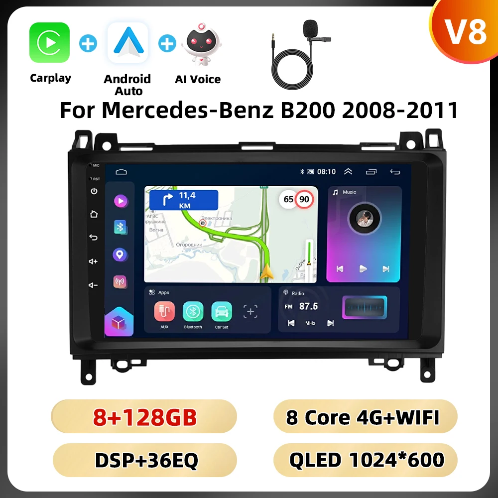 Podofo 8 128G 2din Autoradio Voor Mercedes-Benz B200 2008-2011 Multimediaspeler Navigatie Carplay Android Auto Rds Auto Audio